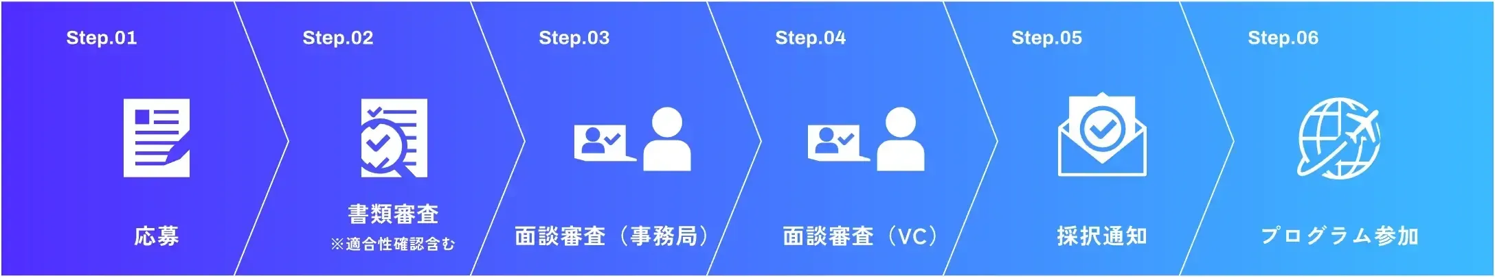 プログラム参加までの流れ:Step.01 応募、Step.02 書類審査(適合性確認含む)、Step.03 面談審査(事務局)、Step.04 面談審査(VC)、Step.05 採択通知、Step.06 プログラム参加